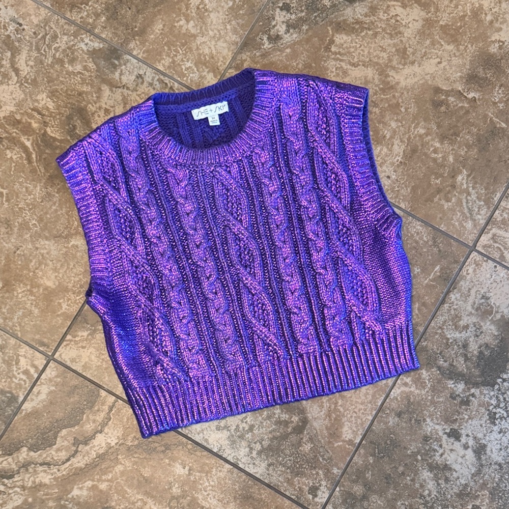 She + Sky Metallic Purple Cable Knit Cropped Sweater Vest